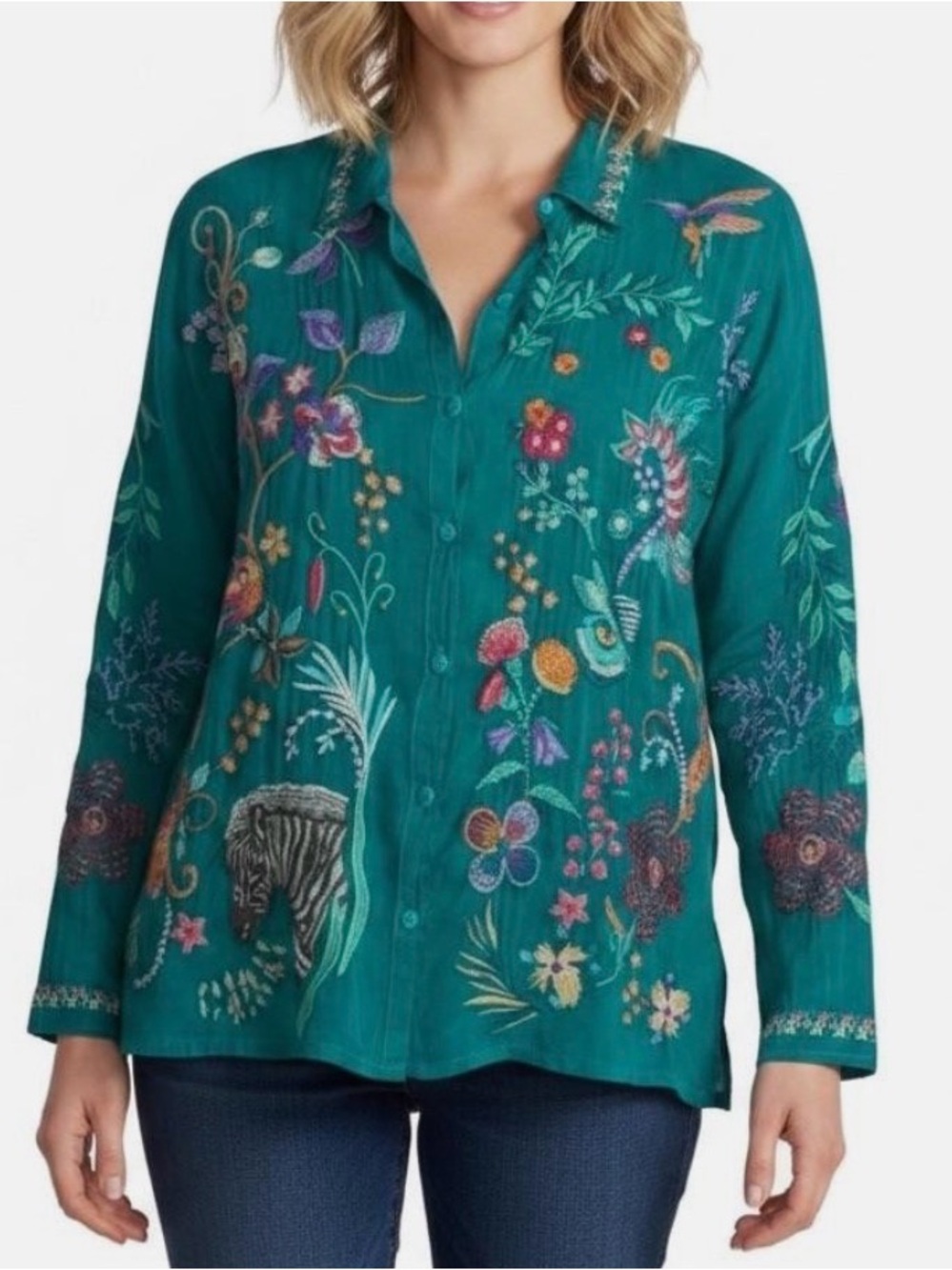Johnny Was The Audrey Collared Shirt Blouse Embroidered Floral Zebra Birds